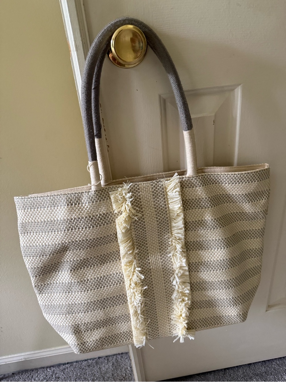 Stella & Dot Cream and Light Gray Striped Fringe Tote